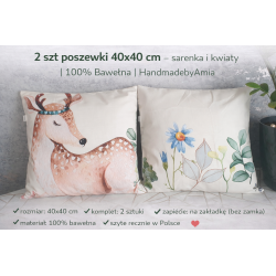 🦌🌼 2 szt poszewki 40x40 cm – sarenka i kwiaty | 100% Bawełna | HandmadebyAmia 