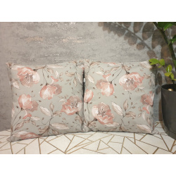 Komplet 2 szt poszewki 40x40 cm – pudrowe kwiaty na szarym tle | 100% bawełna | Handmade 