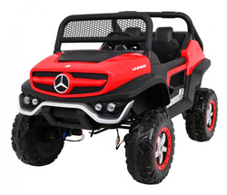 Mercedes Benz Unimog dla dzieci Czerwony Napęd 4x4 Pilot Bagażnik Wolny Start MP3 LED