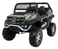 Mercedes Benz Unimog dla dzieci Lakier Moro Napęd 4x4 Pilot Bagażnik Wolny Start Radio MP3 LED