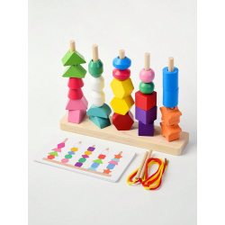Zestaw Zabawek: Drewniane Koralikowe Układanki, Klocki do Stakowania, Koralikowanie i Dopasowywanie Kształtów | Zabawki Montessori STEM dla Dzieci, Chłopców i Dziewczynek